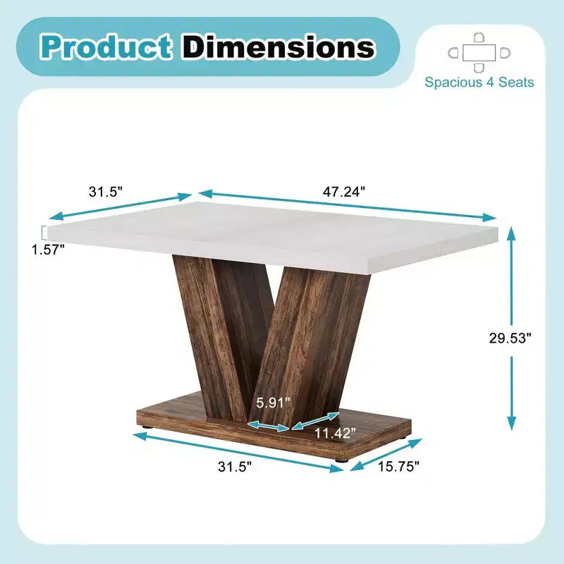 Table de salle à manger de ferme TUYOHW pour 4-6 personnes, table de cuisine rectangulaire avec plateau épais de 4 cm et support triangulaire, 120 cm de long, blanc+marron