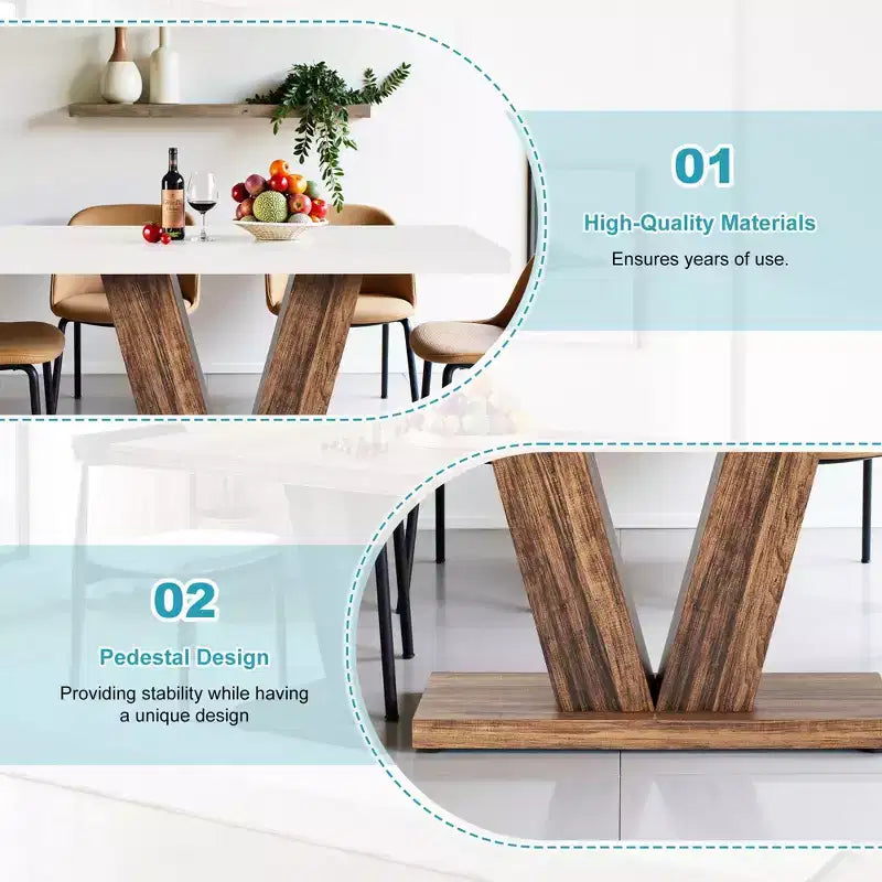 Table de salle à manger de ferme TUYOHW pour 4-6 personnes, table de cuisine rectangulaire avec plateau épais de 4 cm et support triangulaire, 120 cm de long, blanc+marron