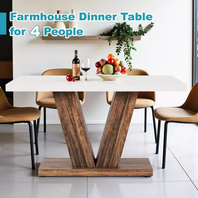 Table de salle à manger de ferme TUYOHW pour 4-6 personnes, table de cuisine rectangulaire avec plateau épais de 4 cm et support triangulaire, 120 cm de long, blanc+marron