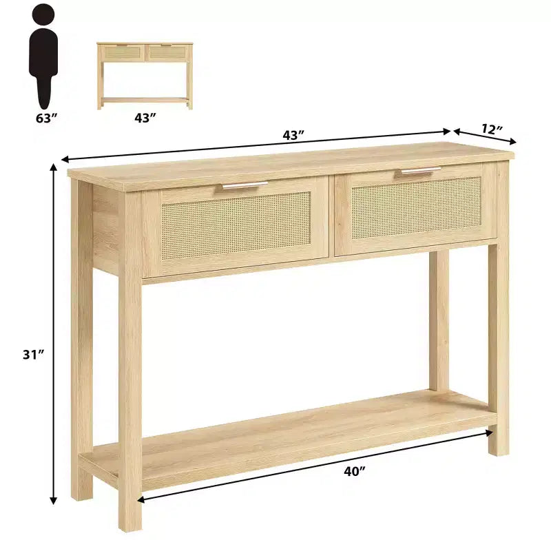 Console en rotin avec 2 tiroirs et 2 niveaux - Table d'entrée en chêne caramel recyclé, pour canapé, rangement de couloir ou hall d'entrée