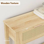 Console en rotin avec 2 tiroirs et 2 niveaux - Table d'entrée en chêne caramel recyclé, pour canapé, rangement de couloir ou hall d'entrée