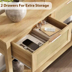 Console en rotin avec 2 tiroirs et 2 niveaux - Table d'entrée en chêne caramel recyclé, pour canapé, rangement de couloir ou hall d'entrée