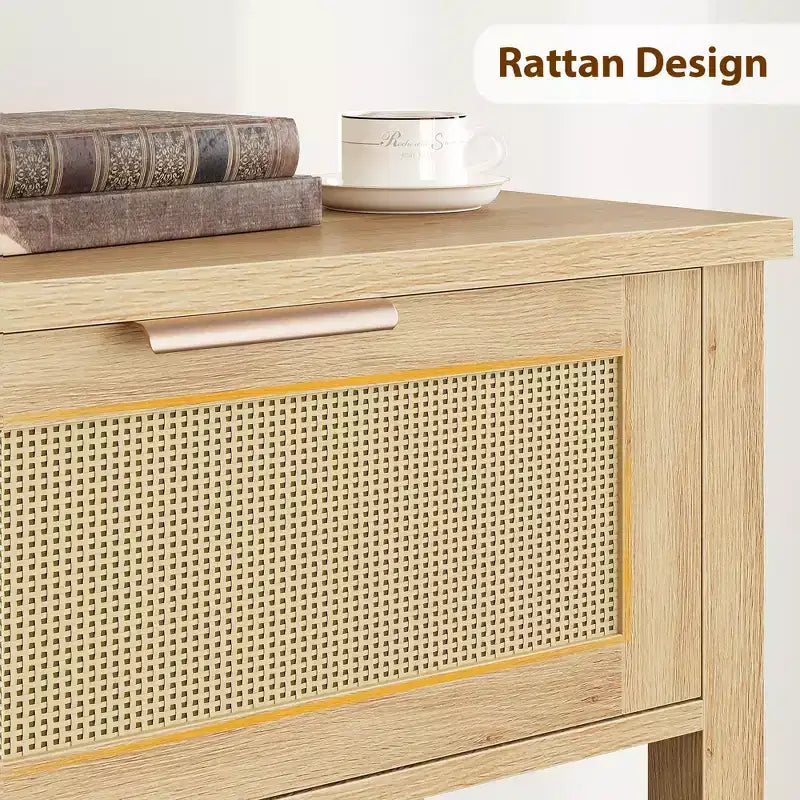 Console en rotin avec 2 tiroirs et 2 niveaux - Table d'entrée en chêne caramel recyclé, pour canapé, rangement de couloir ou hall d'entrée