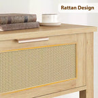 Console en rotin avec 2 tiroirs et 2 niveaux - Table d'entrée en chêne caramel recyclé, pour canapé, rangement de couloir ou hall d'entrée