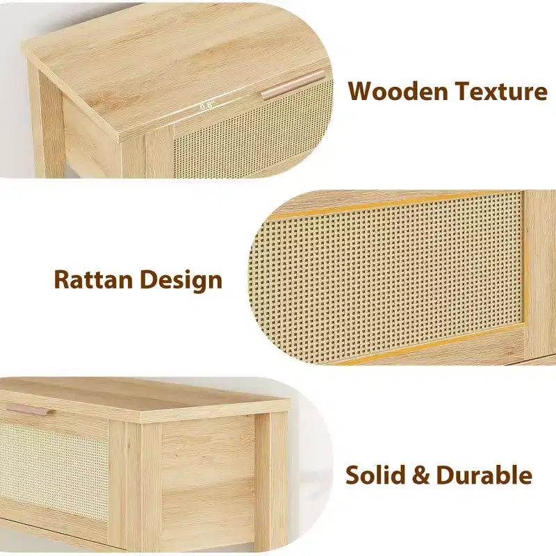 Console en rotin avec 2 tiroirs et 2 niveaux - Table d'entrée en chêne caramel recyclé, pour canapé, rangement de couloir ou hall d'entrée