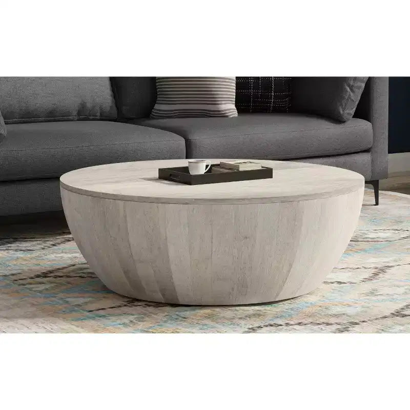 Table basse industrielle moderne Keystone 34 pouces, en manguier massif, en forme de tambour, assemblée