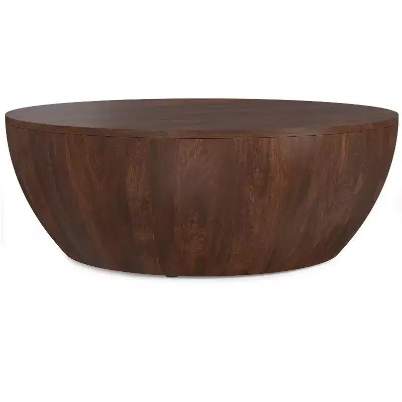Table basse industrielle moderne Keystone 34 pouces, en manguier massif, en forme de tambour, assemblée