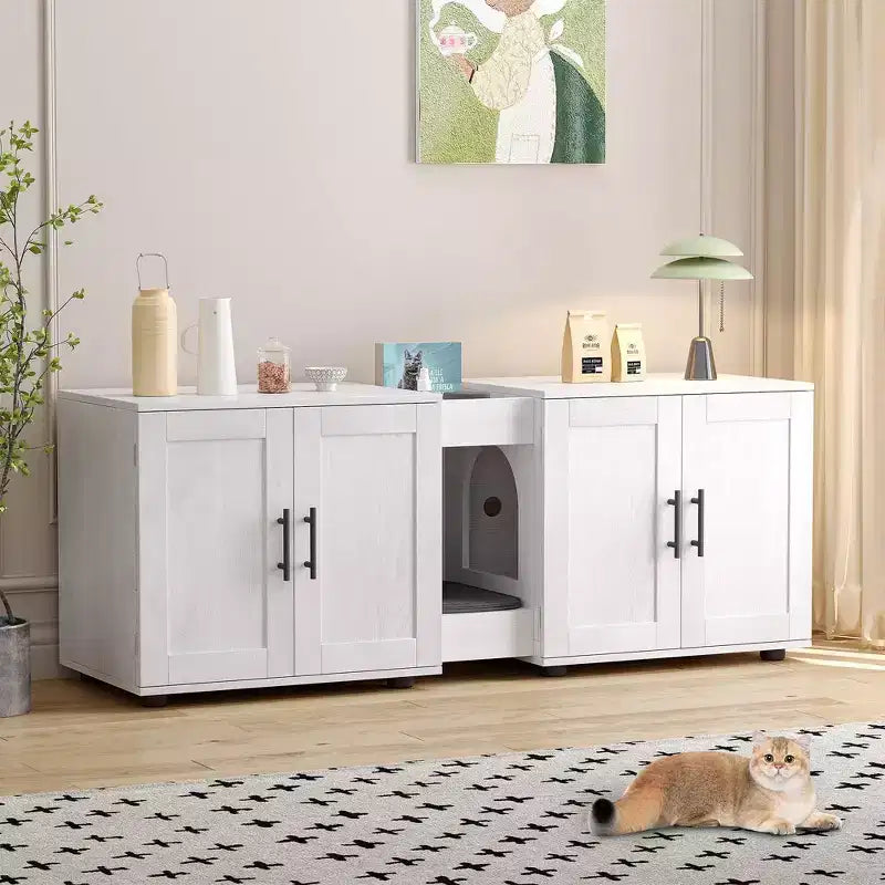Meuble de litière double pour 2 chats, meuble TV, surface étanche facile à nettoyer, loquets d'armoire et rainures de rangement, mobilier pour animaux de compagnie pour le salon