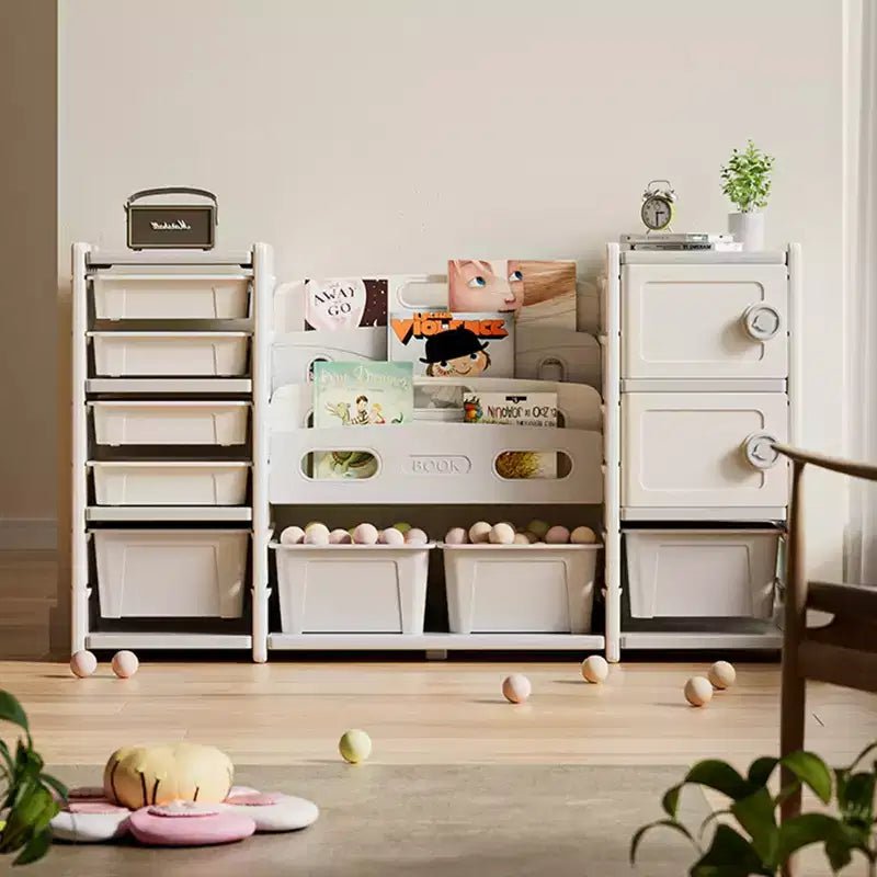Toy Storage Organizer for Kids, 8 Removable Bins, 4-Tier Bookshelf, 2 Cabinets, Multi-Purpose Children's Shelf for Playroom