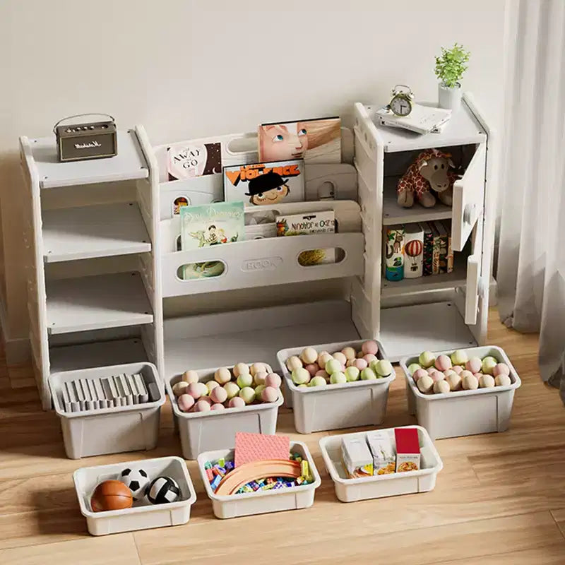 Meuble de rangement pour jouets pour enfants, 8 bacs amovibles, étagère à livres à 4 niveaux, 2 armoires, étagère multifonctionnelle pour salle de jeux