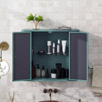 Meuble-lavabo de salle de bain mural avec miroir, deux portes miroir et étagères ouvertes ; Armoire de rangement de style à cadre métallique avec compartiments ouverts