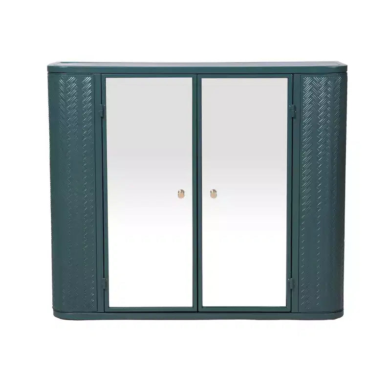 Meuble-lavabo de salle de bain mural avec miroir, deux portes miroir et étagères ouvertes ; Armoire de rangement de style à cadre métallique avec compartiments ouverts
