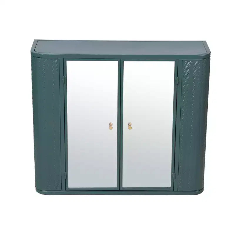 Meuble-lavabo de salle de bain mural avec miroir, deux portes miroir et étagères ouvertes ; Armoire de rangement de style à cadre métallique avec compartiments ouverts