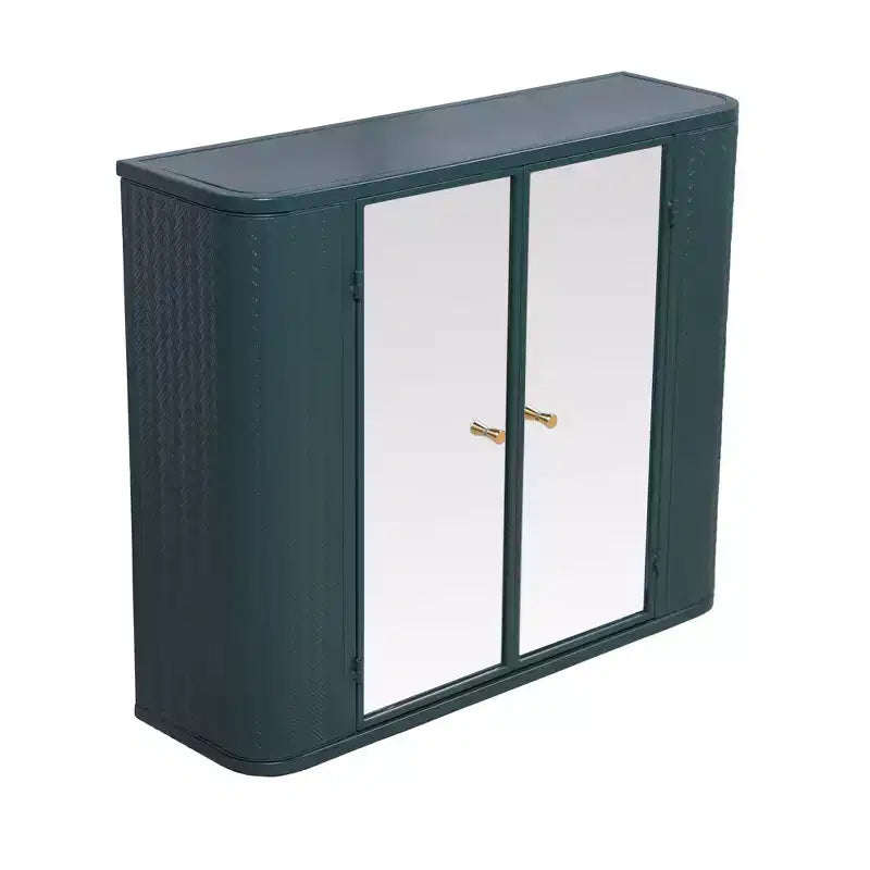 Meuble-lavabo de salle de bain mural avec miroir, deux portes miroir et étagères ouvertes ; Armoire de rangement de style à cadre métallique avec compartiments ouverts