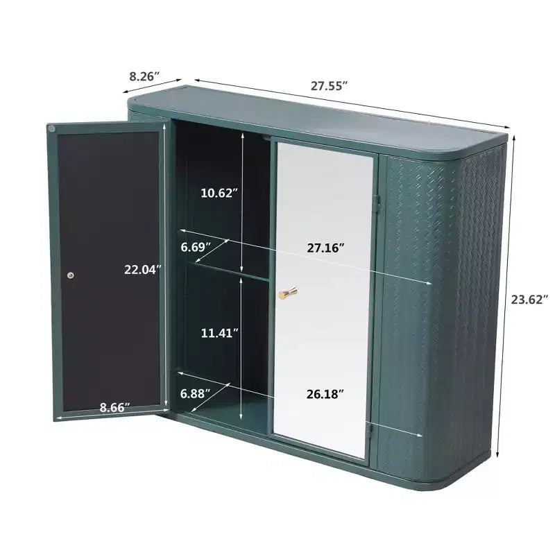 Meuble-lavabo de salle de bain mural avec miroir, deux portes miroir et étagères ouvertes ; Armoire de rangement de style à cadre métallique avec compartiments ouverts