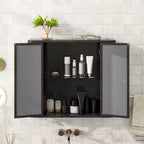 Meuble-lavabo de salle de bain mural avec miroir, deux portes miroir et étagères ouvertes ; Armoire de rangement de style à cadre métallique avec compartiments ouverts