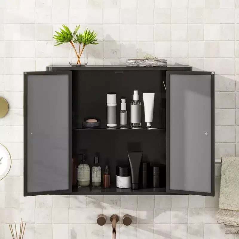 Meuble-lavabo de salle de bain mural avec miroir, deux portes miroir et étagères ouvertes ; Armoire de rangement de style à cadre métallique avec compartiments ouverts