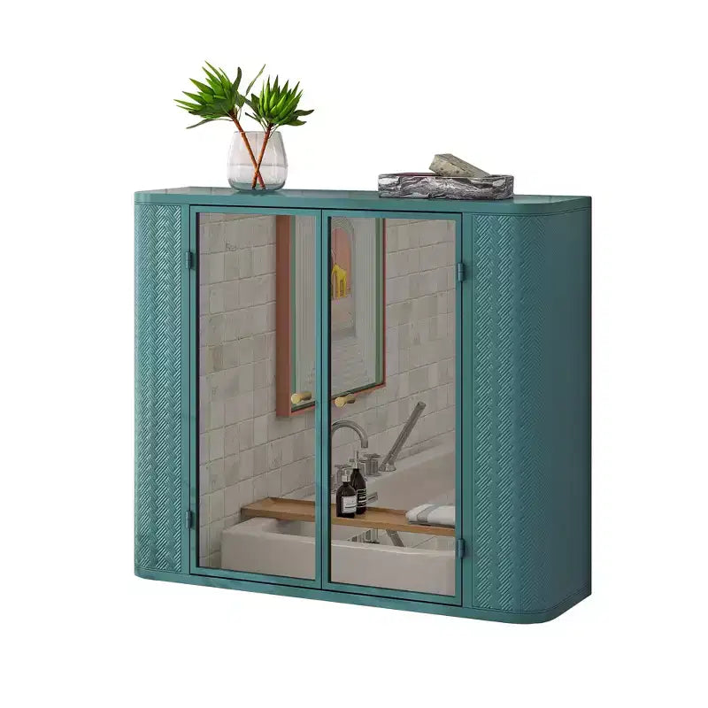 Meuble-lavabo de salle de bain mural avec miroir, deux portes miroir et étagères ouvertes ; Armoire de rangement de style à cadre métallique avec compartiments ouverts