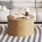 Table basse ronde de 28 pouces avec rangement, table d'appoint cannelée moderne du milieu du siècle avec porte à tambour coulissante pour le salon