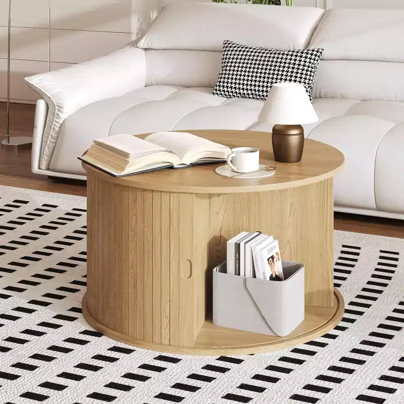 Table basse ronde de 28 pouces avec rangement, table d'appoint cannelée moderne du milieu du siècle avec porte à tambour coulissante pour le salon