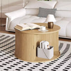 Table basse ronde de 28 pouces avec rangement, table d'appoint cannelée moderne du milieu du siècle avec porte à tambour coulissante pour le salon