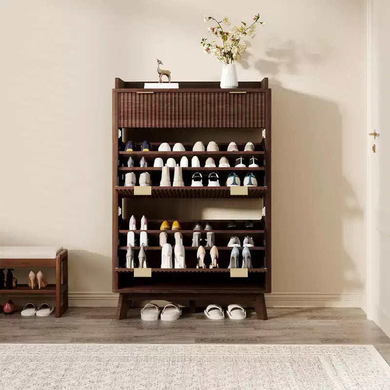 Meuble de Rangement à Chaussures Cannnelé avec 2 Tiroirs Basculants, Meuble à Chaussures Discret Autoportant de 122 cm de Haut, Meuble à Chaussures Étroit pour Couloir et Salon