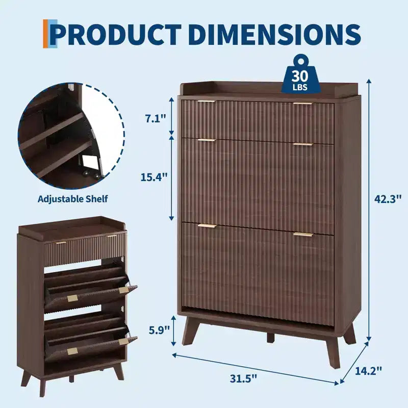 Meuble de Rangement à Chaussures Cannnelé avec 2 Tiroirs Basculants, Meuble à Chaussures Discret Autoportant de 122 cm de Haut, Meuble à Chaussures Étroit pour Couloir et Salon