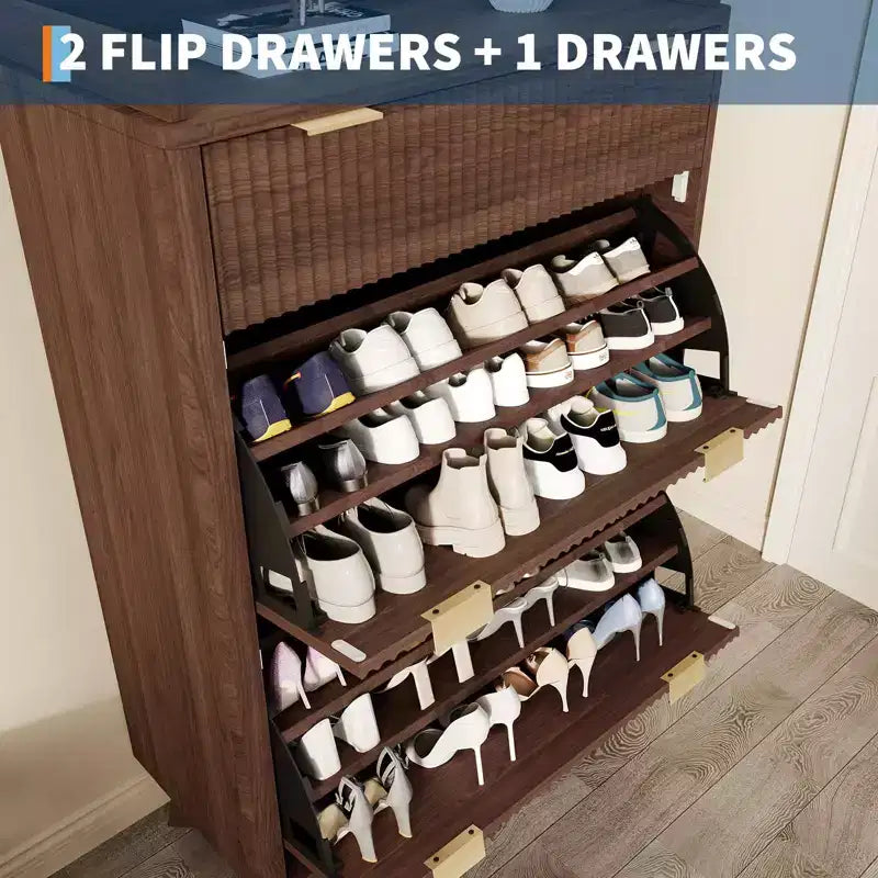 Meuble de Rangement à Chaussures Cannnelé avec 2 Tiroirs Basculants, Meuble à Chaussures Discret Autoportant de 122 cm de Haut, Meuble à Chaussures Étroit pour Couloir et Salon