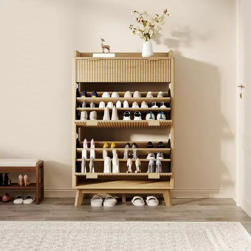 Meuble de Rangement à Chaussures Cannnelé avec 2 Tiroirs Basculants, Meuble à Chaussures Discret Autoportant de 122 cm de Haut, Meuble à Chaussures Étroit pour Couloir et Salon