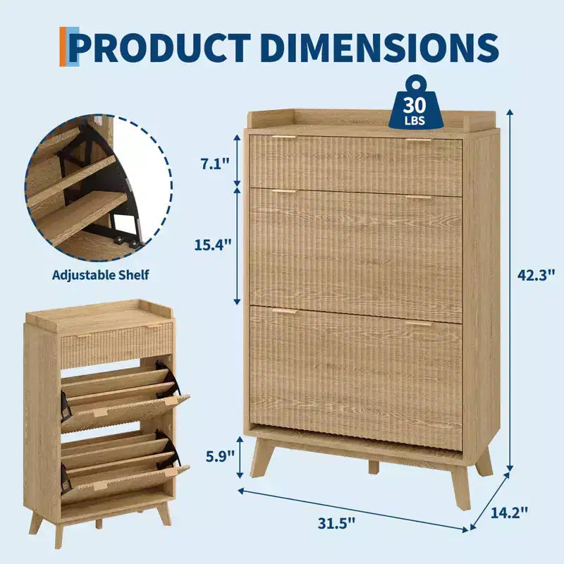 Meuble de Rangement à Chaussures Cannnelé avec 2 Tiroirs Basculants, Meuble à Chaussures Discret Autoportant de 122 cm de Haut, Meuble à Chaussures Étroit pour Couloir et Salon