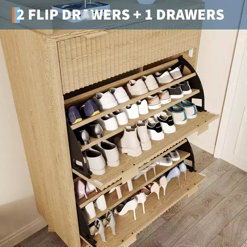 Meuble de Rangement à Chaussures Cannnelé avec 2 Tiroirs Basculants, Meuble à Chaussures Discret Autoportant de 122 cm de Haut, Meuble à Chaussures Étroit pour Couloir et Salon