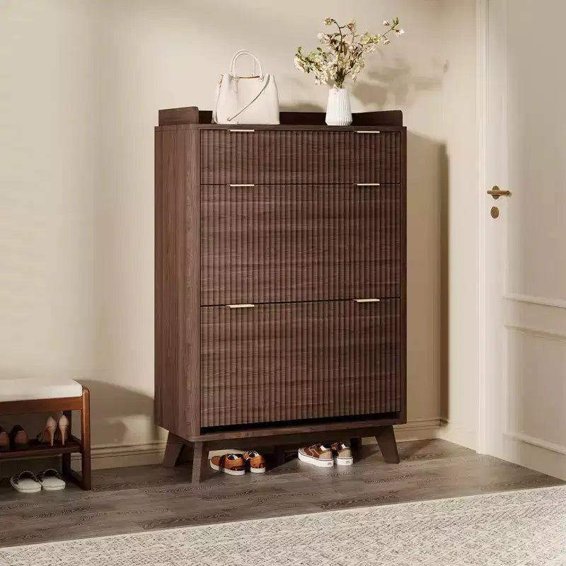 Meuble de Rangement à Chaussures Cannnelé avec 2 Tiroirs Basculants, Meuble à Chaussures Discret Autoportant de 122 cm de Haut, Meuble à Chaussures Étroit pour Couloir et Salon