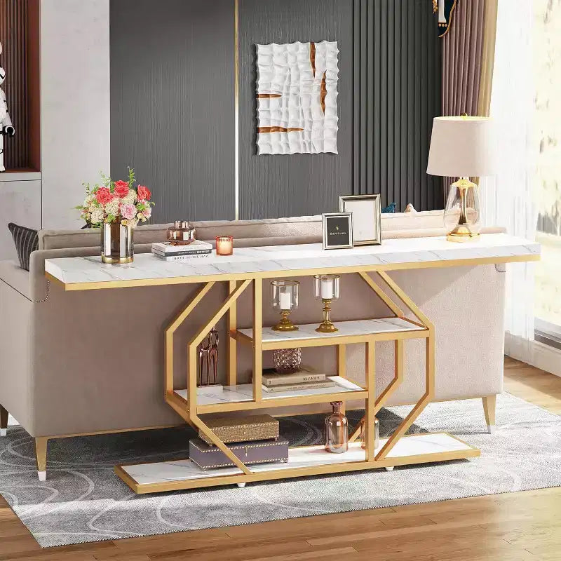 Lantine – Console extra-longue de 70,9 pouces, table de canapé moderne dorée avec rangement à 4 niveaux pour salon, couloir, entrée, blanc effet marbre