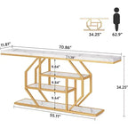 Lantine – Console extra-longue de 70,9 pouces, table de canapé moderne dorée avec rangement à 4 niveaux pour salon, couloir, entrée, blanc effet marbre