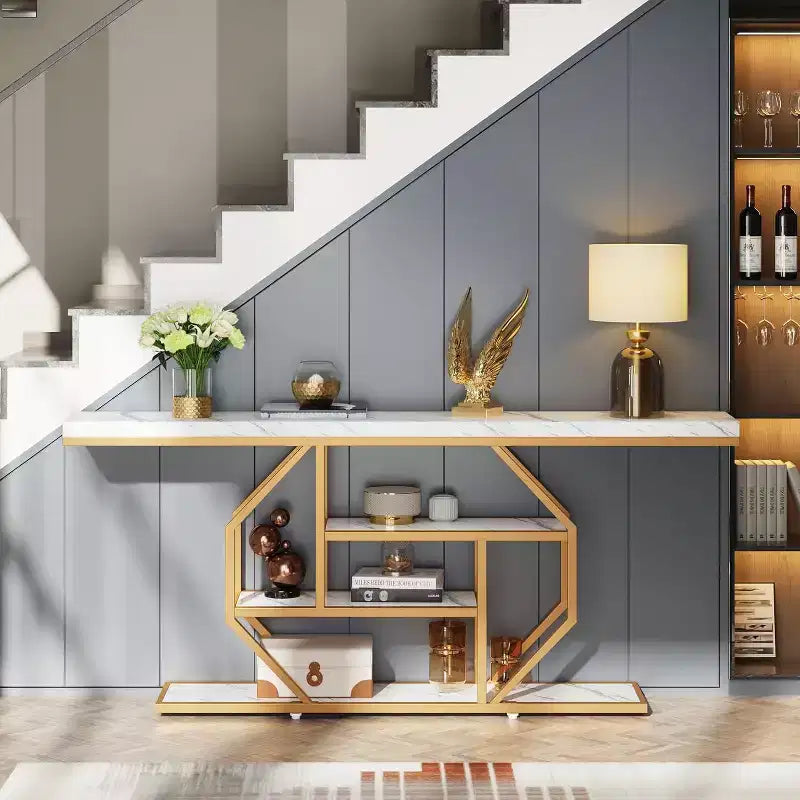 Lantine – Console extra-longue de 70,9 pouces, table de canapé moderne dorée avec rangement à 4 niveaux pour salon, couloir, entrée, blanc effet marbre