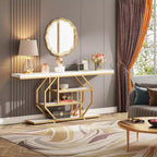 Lantine – Console extra-longue de 70,9 pouces, table de canapé moderne dorée avec rangement à 4 niveaux pour salon, couloir, entrée, blanc effet marbre