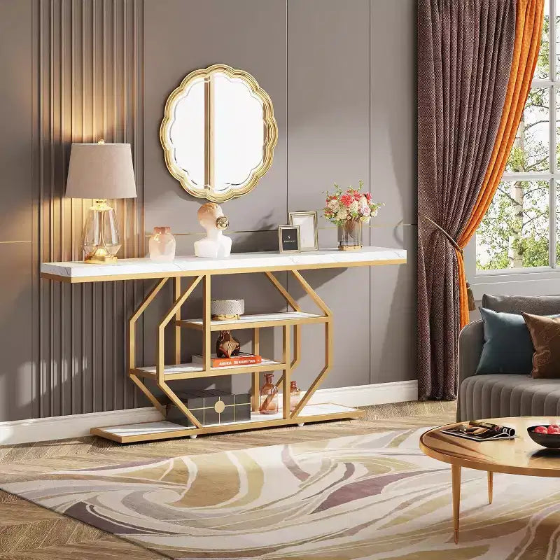 Lantine – Console extra-longue de 70,9 pouces, table de canapé moderne dorée avec rangement à 4 niveaux pour salon, couloir, entrée, blanc effet marbre