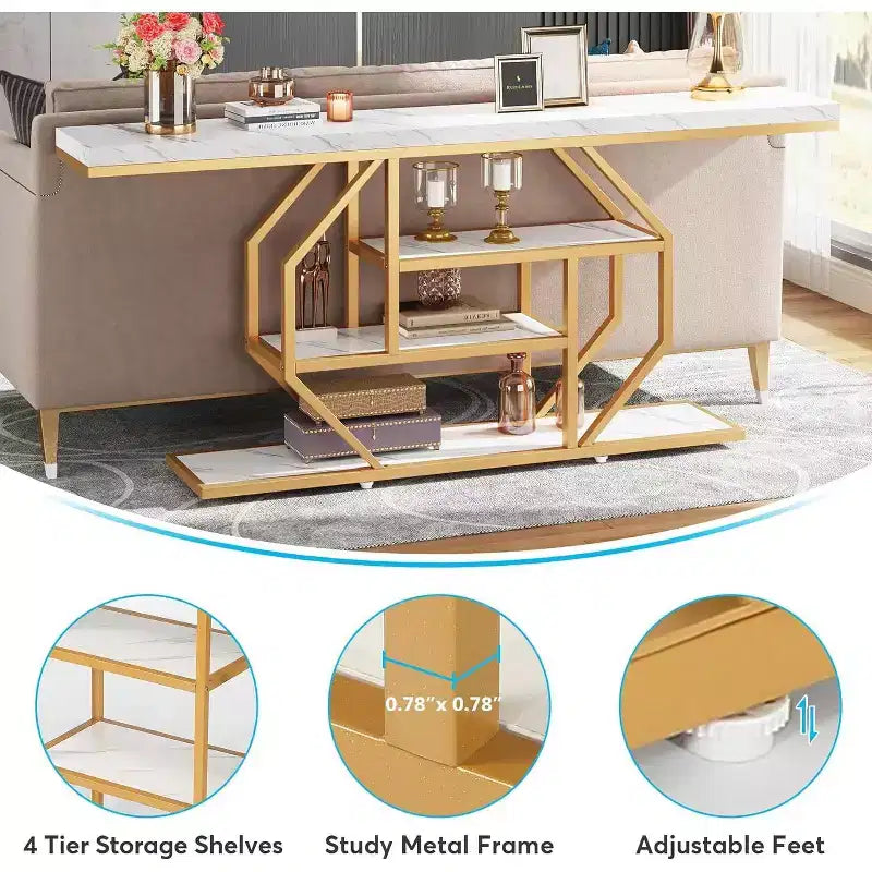 Lantine – Console extra-longue de 70,9 pouces, table de canapé moderne dorée avec rangement à 4 niveaux pour salon, couloir, entrée, blanc effet marbre