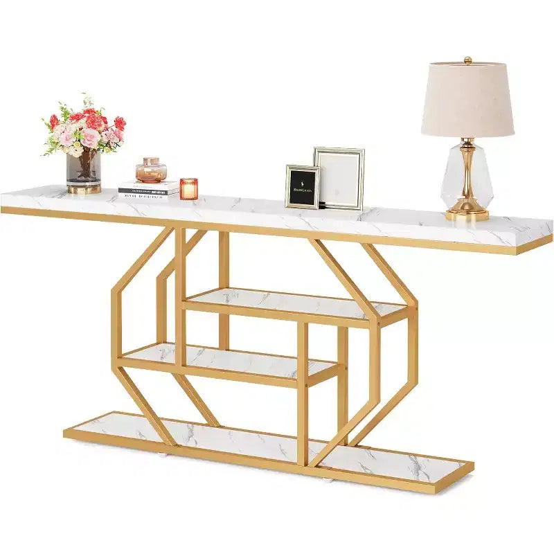 Lantine – Console extra-longue de 70,9 pouces, table de canapé moderne dorée avec rangement à 4 niveaux pour salon, couloir, entrée, blanc effet marbre