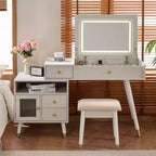 Okak 3-IN-1 Makeup Vanity with Flip-Top Mirror & Adjustable Cabinet, Dressing Table with Padding Stool, Vanity Table for Bedroom, White
