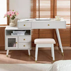 Coiffeuse 3-EN-1 Okak avec miroir rabattable et armoire réglable, Table de maquillage avec tabouret rembourré, Coiffeuse pour chambre, Blanc