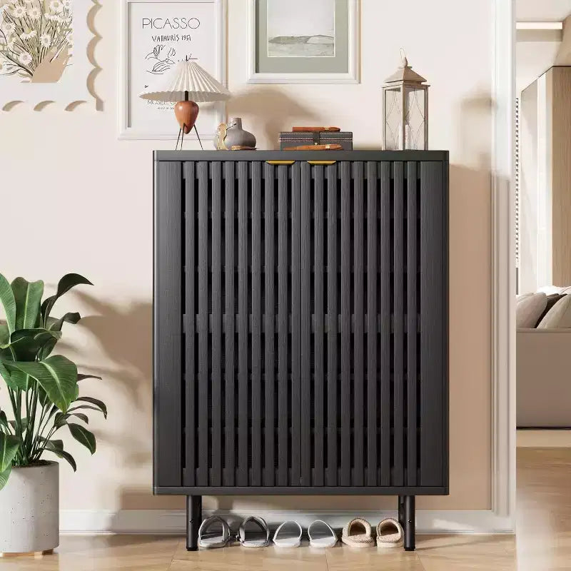 COZONY Meuble à chaussures étroit avec portes persiennes respirantes, range-chaussures moderne à 6 niveaux avec rangement caché, armoire d'entrée autoportante pour placard et couloir, Noir