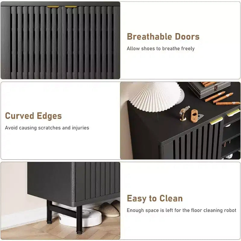 COZONY Meuble à chaussures étroit avec portes persiennes respirantes, range-chaussures moderne à 6 niveaux avec rangement caché, armoire d'entrée autoportante pour placard et couloir, Noir