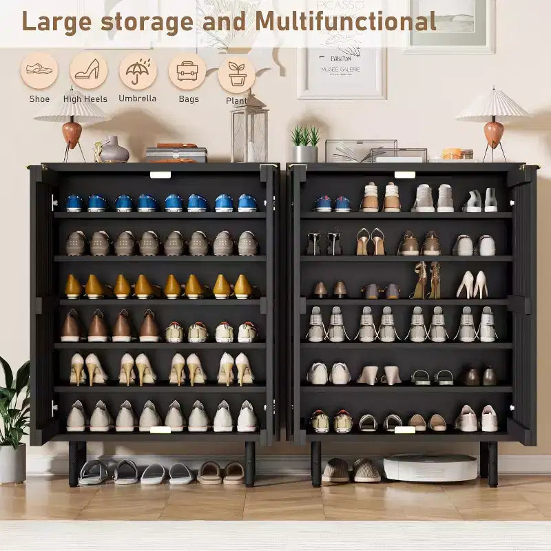 COZONY Meuble à chaussures étroit avec portes persiennes respirantes, range-chaussures moderne à 6 niveaux avec rangement caché, armoire d'entrée autoportante pour placard et couloir, Noir