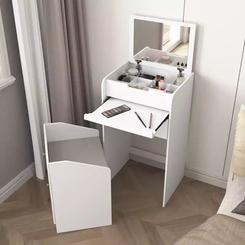 Coiffeuse avec miroir, petite coiffeuse avec compartiment de rangement, 2 tiroirs et tabouret dissimulé, coiffeuse moderne peu encombrante