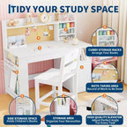 Ensemble bureau et chaise pour enfants, Bureau enfant avec huche et plateau inclinable, Table d'étude en bois pour enfants avec meuble de rangement, Bureaux d'écriture pour étudiants