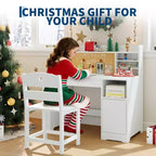 Ensemble bureau et chaise pour enfants, Bureau enfant avec huche et plateau inclinable, Table d'étude en bois pour enfants avec meuble de rangement, Bureaux d'écriture pour étudiants