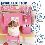 Ensemble bureau et chaise pour enfants, Bureau enfant avec huche et plateau inclinable, Table d'étude en bois pour enfants avec meuble de rangement, Bureaux d'écriture pour étudiants