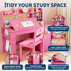 Ensemble bureau et chaise pour enfants, Bureau enfant avec huche et plateau inclinable, Table d'étude en bois pour enfants avec meuble de rangement, Bureaux d'écriture pour étudiants