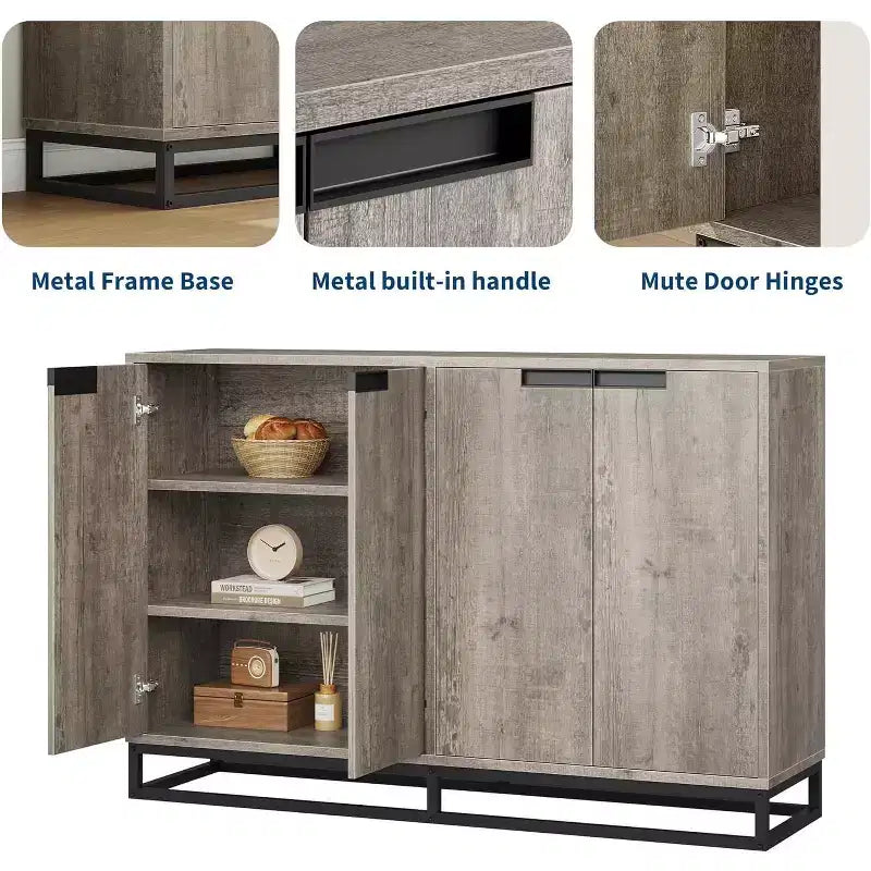 Buffet vaisselier de 140 cm, meuble d'appoint avec 4 portes et étagères réglables, meuble de rangement pour cuisine, salle à manger, entrée, salon